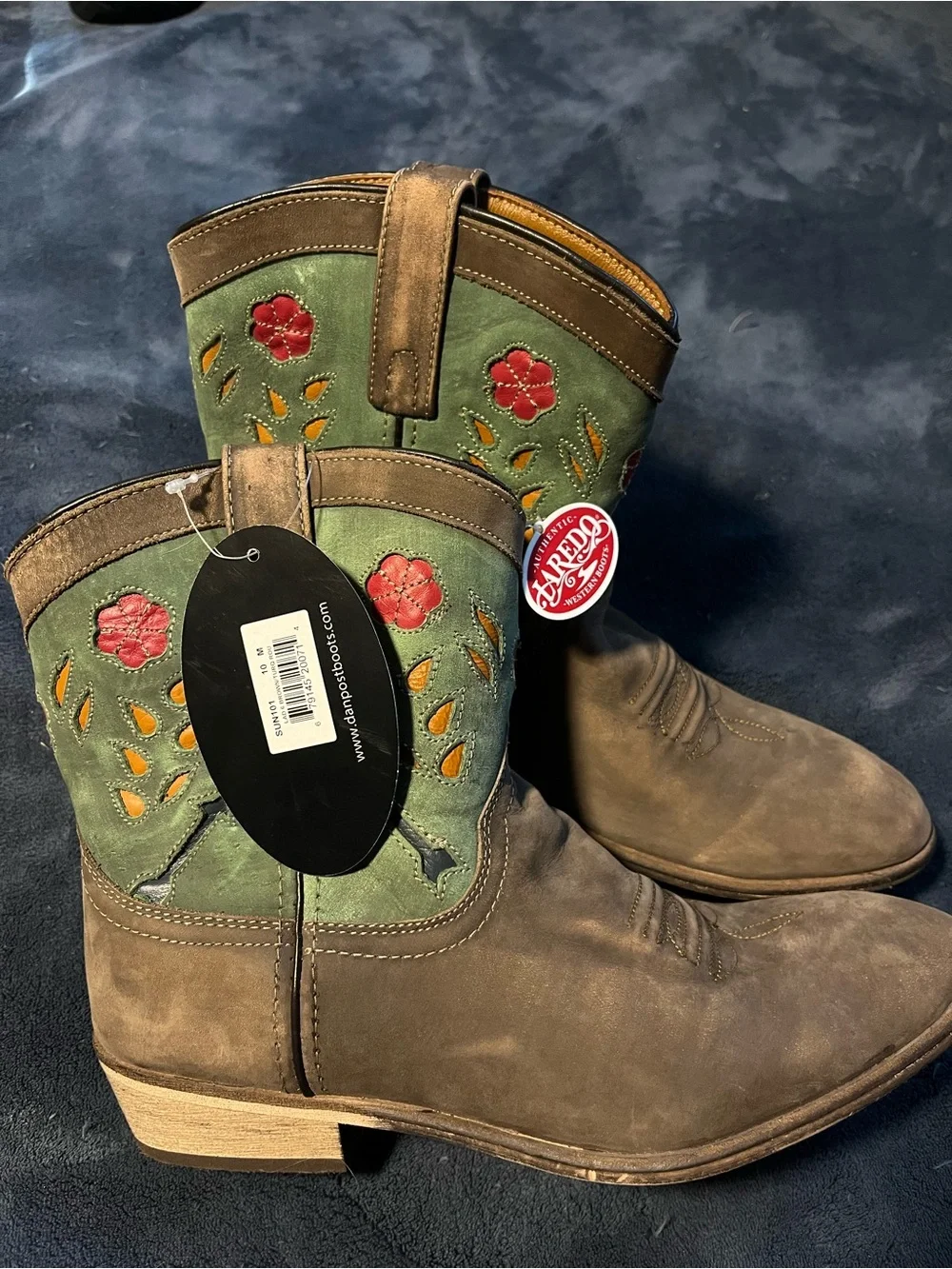 Laredo Brown Leather & Green Suede Western Ankle Boots with Red Floral Cutouts
